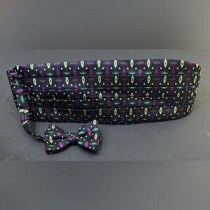 VTG 1990s Dion 1967 Mardi Gras Black Multi Silk Cummerbund & Bow Tie Set